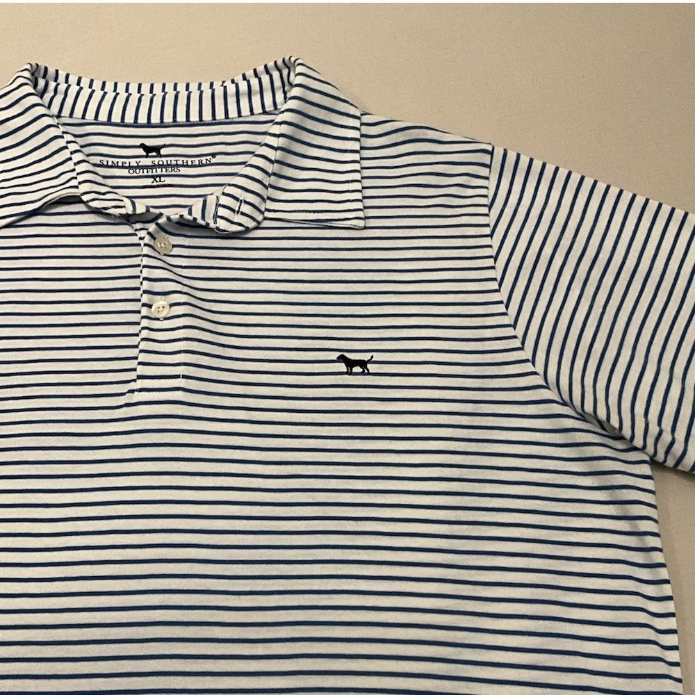 Simply Southern Outfitters Mens XL 100% Cotton Polo Shirt White Blue Stripe